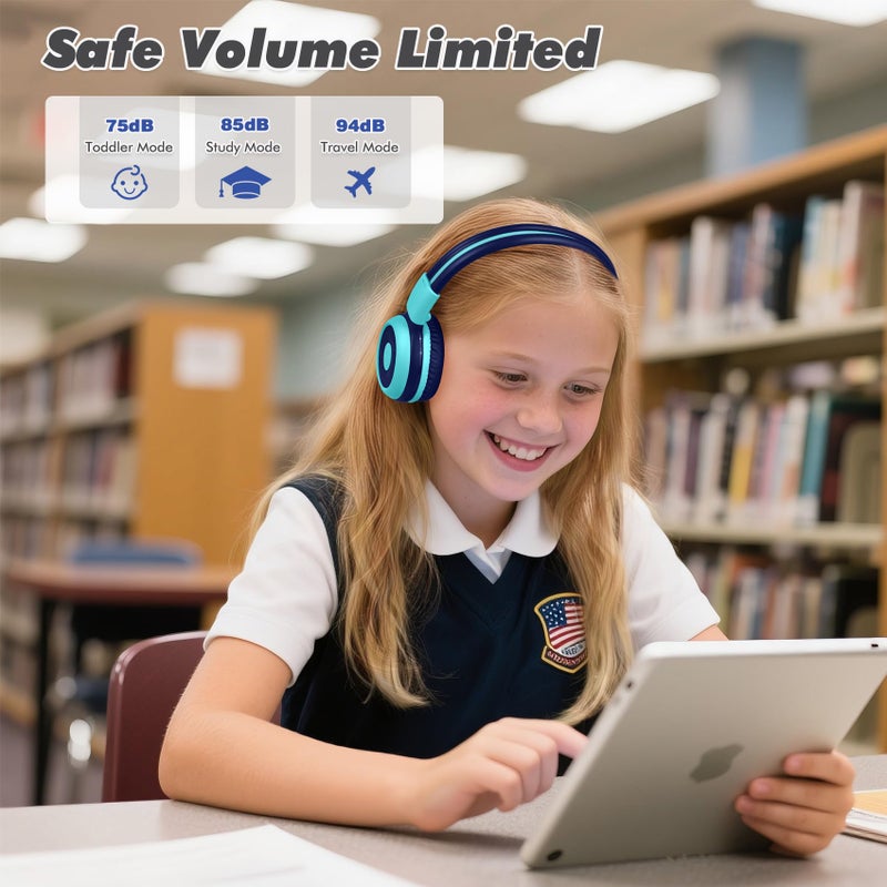 SIMOLIO Kids Bluetooth Headphones with Microphone and 75dB,85dB,94dB Volume Limit, Foldable Lightweight & Adjustable, Wireless Headphones for Kids Boys Girls Children Tablet iPad Blue - Image 2